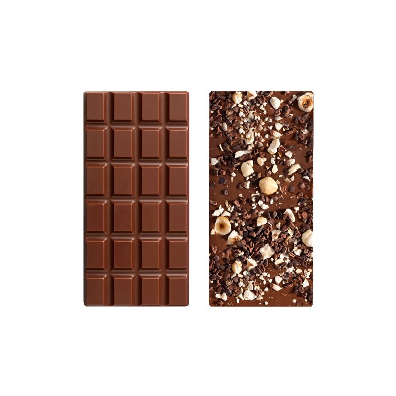 Tablette de chocolat au lait au grué de cacao et noisettes