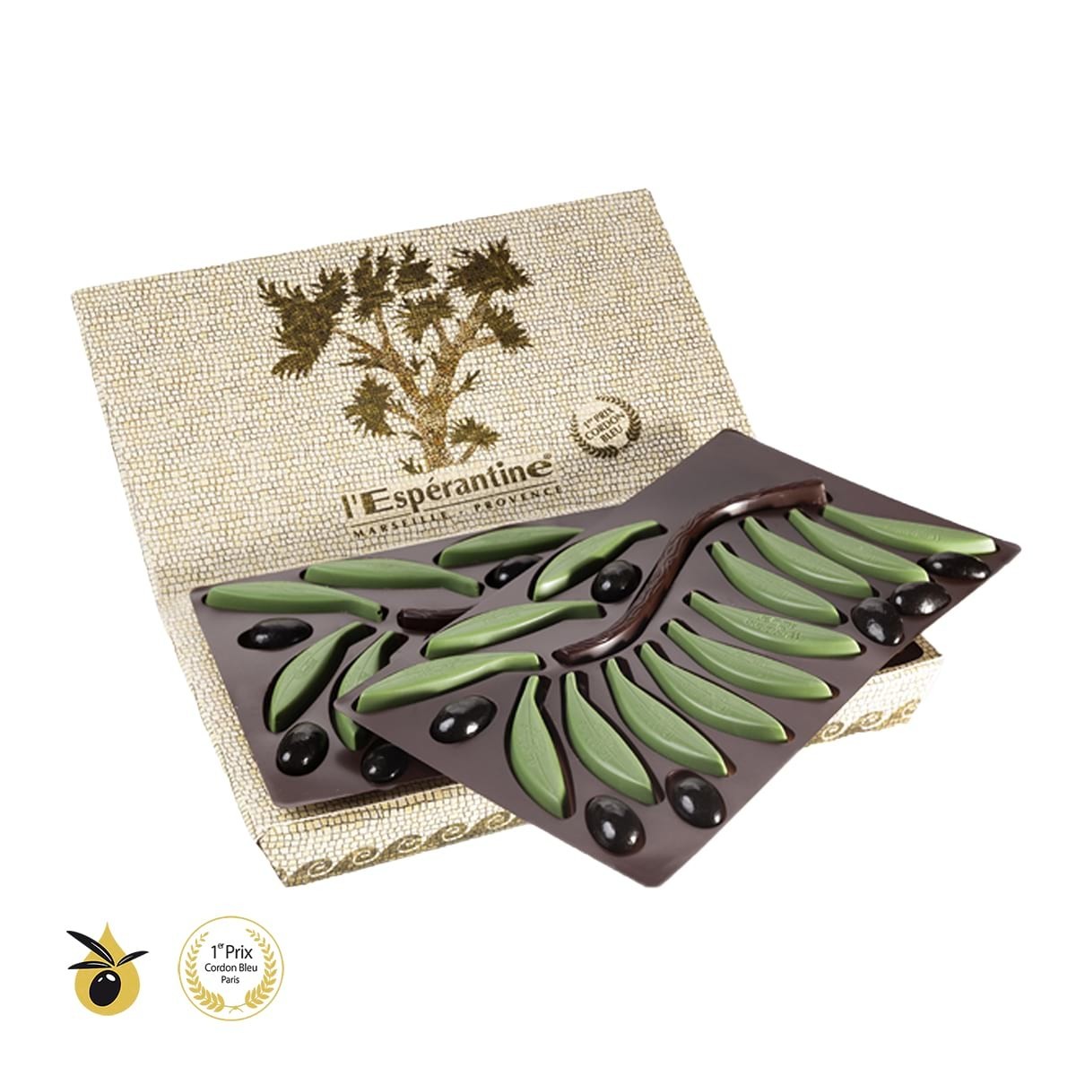 Bonbons de chocolat à l'amande et à l'huile d'olive 6.7% & Amandes torréfiées, enrobées de chocolat noir