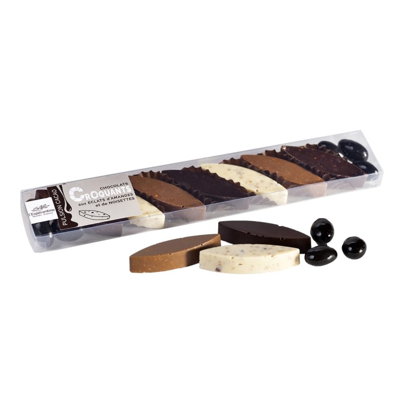 Chocolat noir aux amandes et noisettes torréfiées, amandes enrobées de chocolat