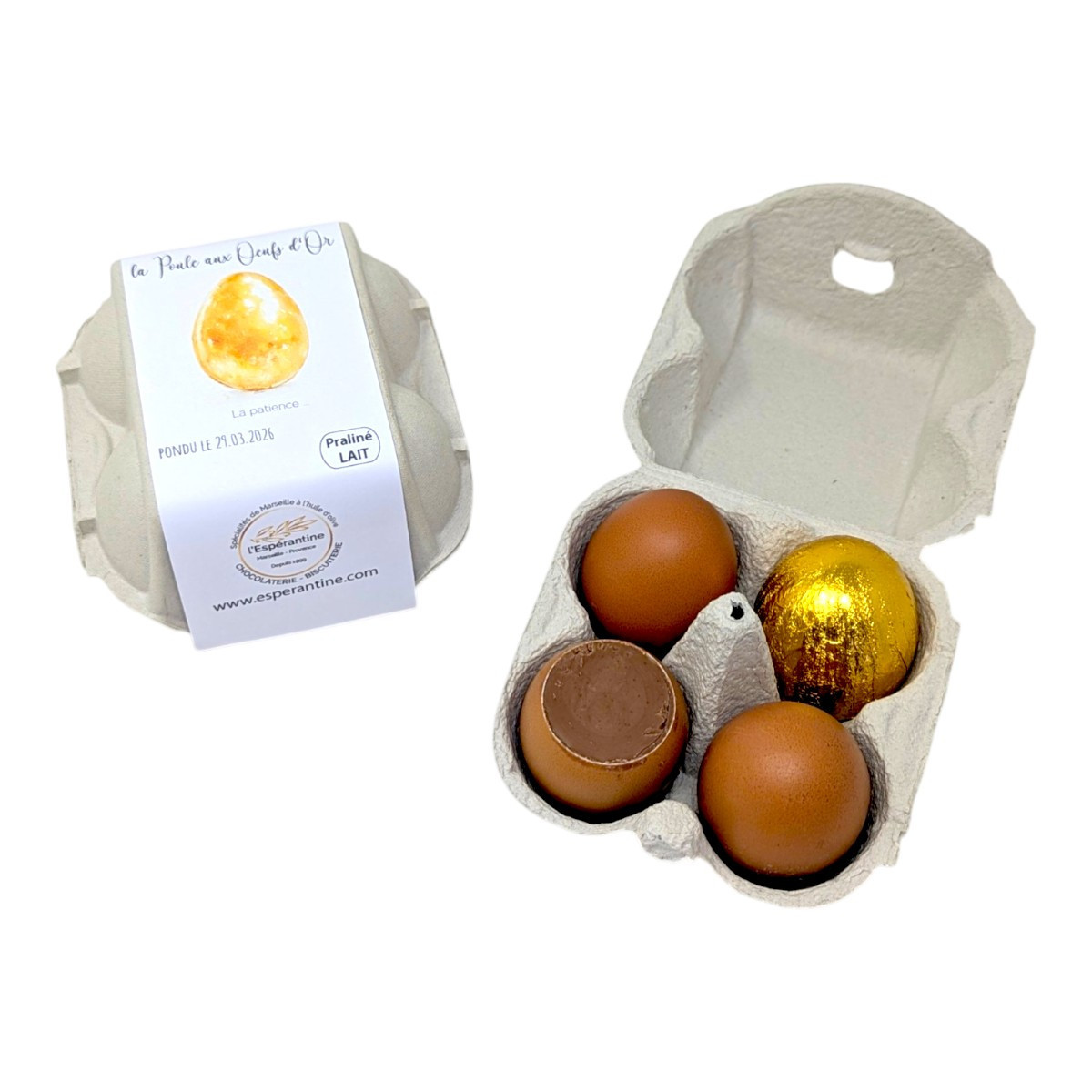 Boîte de 4 Œufs d’Or – Œufs praliné en coquille artisanaux