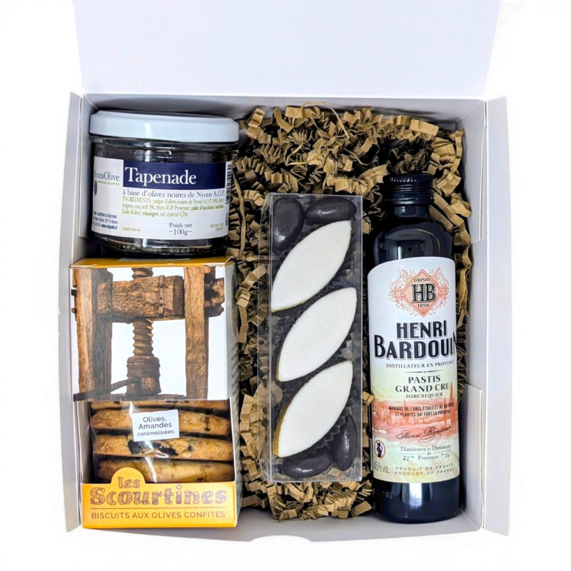 Coffret Apéritif Provençal – Saveurs du Sud - Pastis ou liqueur, tapenade, biscuits aux olives