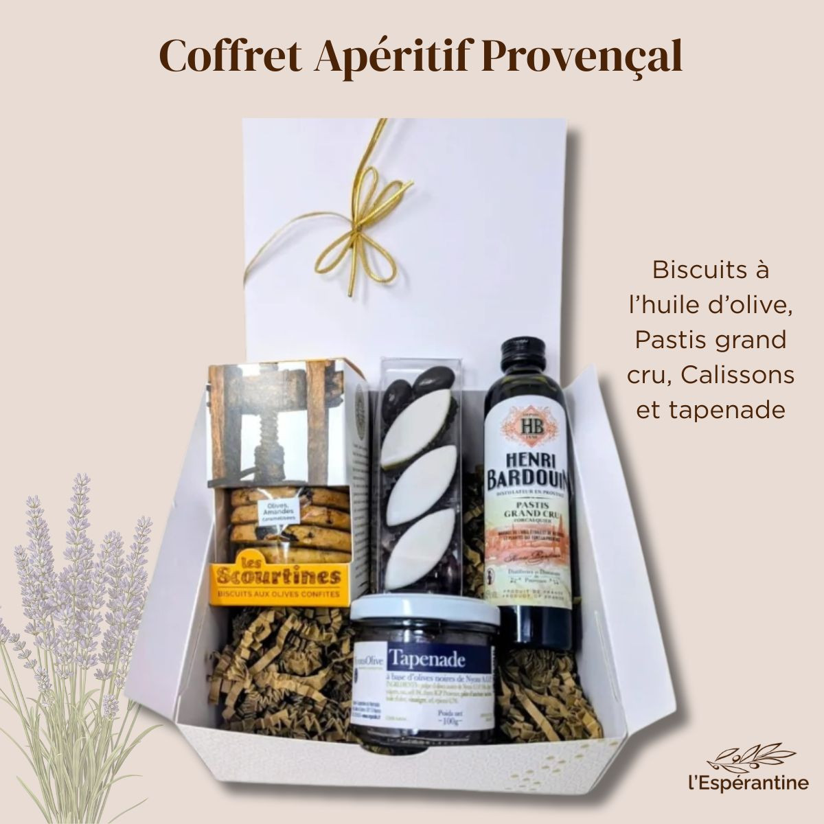 Coffret Apéritif Provençal – Saveurs du Sud - Pastis ou liqueur, tapenade, biscuits aux olives